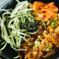 B5 Kimchi Pork Don · Steamed rice bowl topped with sliced pork belly, sliced onion, diced green onion, kizami nor...