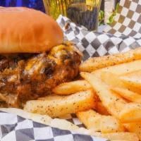 Green Chile Cheese Burger · 1/2 pound burger on a toasted bun topped with roasted Hatch green chile and melted American ...