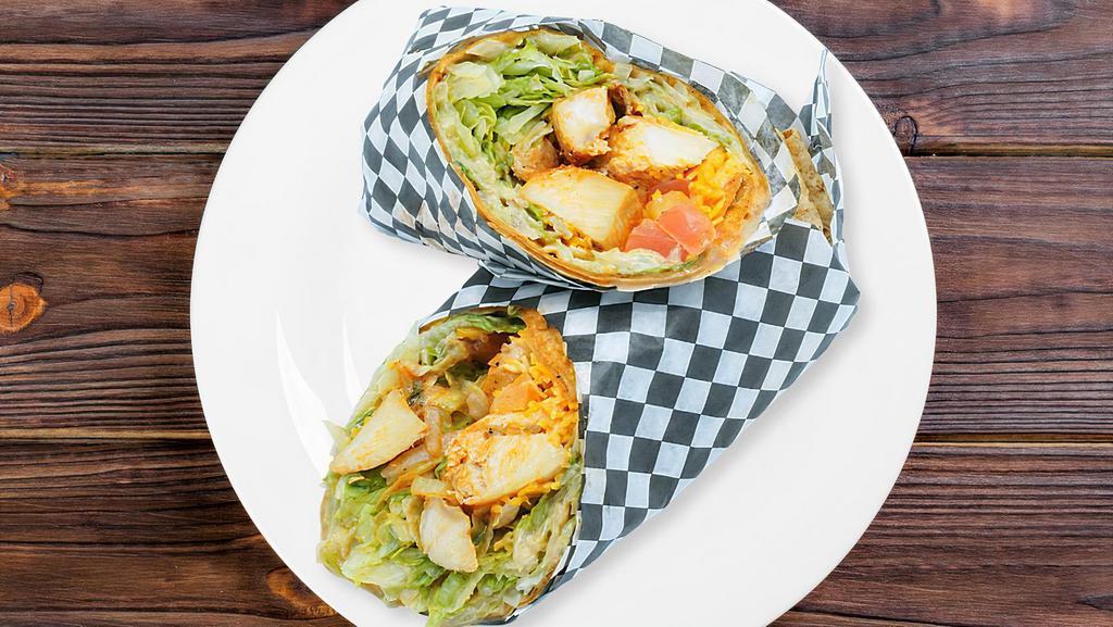 Chicken Wtth Wraps · Sautéed chicken, crisp lettuce, fresh tomatoes, shredded cheese and pesto mayonnaise