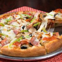 Super Deluxe · Pepperoni, Italian sausage, beef, Canadian bacon, mushrooms, onions, bell peppers, and black...