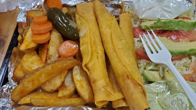 Flautas · Five  flautas, lettuce, tomato, carrots, avocado and french fries.CHOOSE THE MEAT CHICKEN OR BEEF