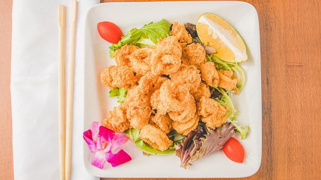 Fried Calamari · Battered squid, deep fried, served over baby greens, with spicy mayo on the side.