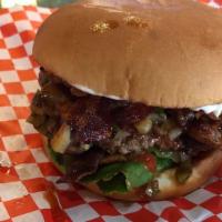Jungle Burger · 6.0 oz Meat Patty, Sautéed Onions, Mushrooms, Jalapeno, American & Swiss Cheese, Bell Pepper...