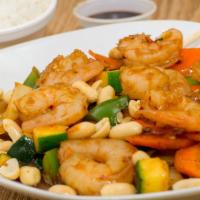 Kung Pao Shrimp · Hot and spicy. Jumbo shrimp, peanuts, water chestnuts, and celery with spicy brown sauce.