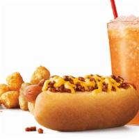 Chili Cheese Coney · Comes with a drink and tots