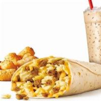 Breakfast Burrito · Comes with a drink and tots