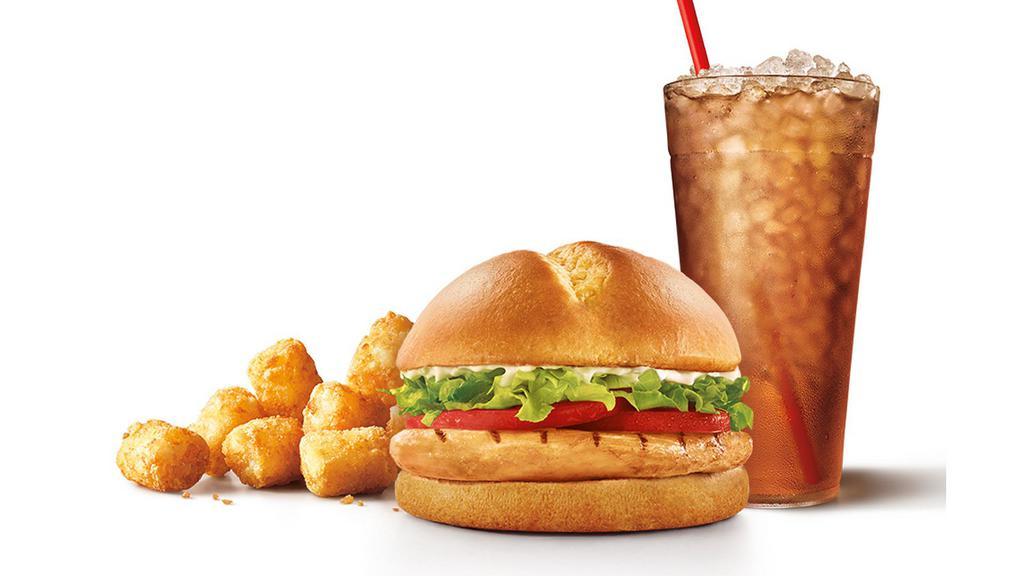 Classic Grilled Chicken Sandwich · Comes with a drink and tots