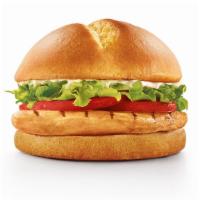 Grilled Chicken Sandwich · Grilled chicken breast, mayo, lettuce, tomato on toasted brioche bread.