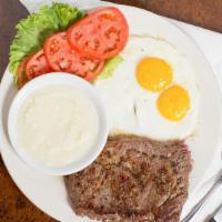 (8 Oz.) Ribeye & Eggs · Grilled your way with two eggs any style.