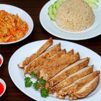 Fried Chicken Rice Set · Taiwanese XXL Fried Chicken paired with our chicken rice. The dish come with a savory sweet ...