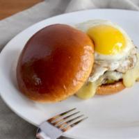 Hatch Burger · Brisket/chuck burger topped with green chiles, pepper jack cheese, and a sunny side up egg s...