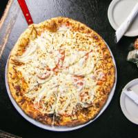 Small White Pizza · Olive oil, chopped onion, tomato, parmesan and mozzarella cheese.