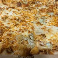 Large Buffalo Chicken Pizza · Bleu cheese pizza sauce topped with grilled chicken tossed in our famous anchor bar wing sau...
