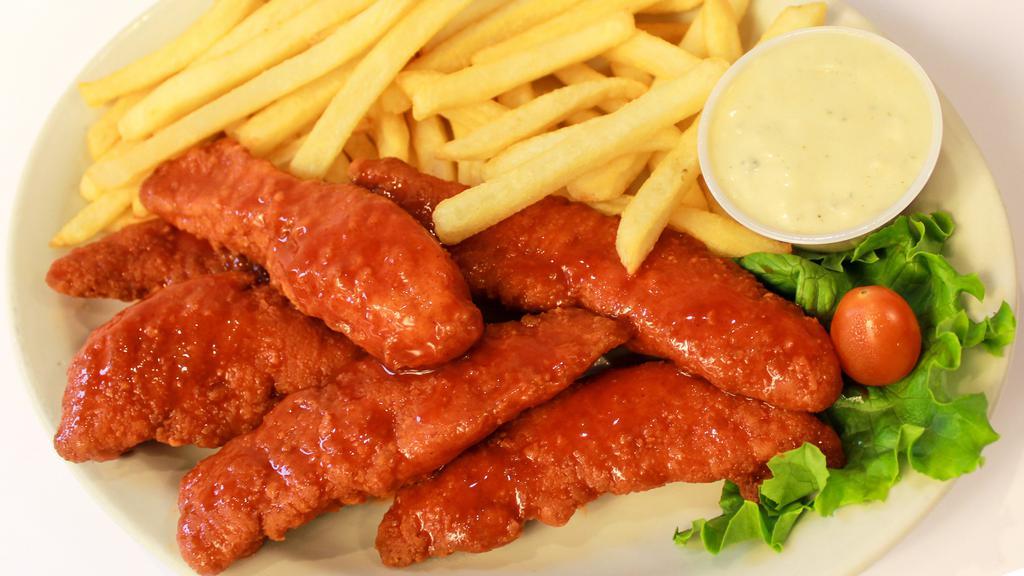 Anchor Bar Chicken Tenders · Crispy or grilled tenders cooked to perfection and tossed in your sauce of choice. Served with a side of ranch and your choice of side order.