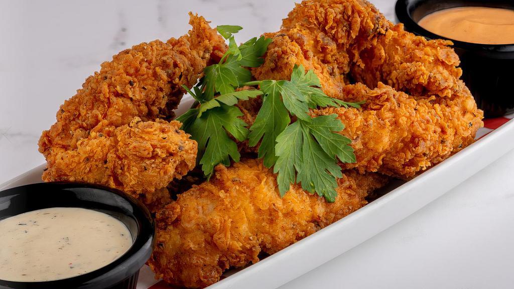 Hand Breaded Chicken Tenderloins · Six hand breaded chicken tenderloins, dipped in seasoned batter and fried to perfection. Served with Newcastle BBQ Sauce and Peppercorn Ranch.