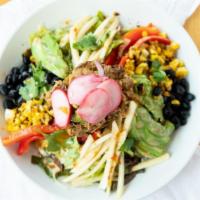Carnitas Salad Bowl · Freshly seared pork carnitas and roasted Tomatillo salsa circles a bed of steamed white rice...