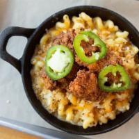 Southern Fried Chicken Mac & Cheese · Cheddar, Jack, Swiss and Parmesan cheese, cavatappi pasta and toasted bread crumbs topped wi...