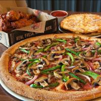 Lg Specialty, Wings, & Quesostix · Any (1) Large Specialty Pizza, an 8 pc order of our seasoned all-white Boneless or large Bon...