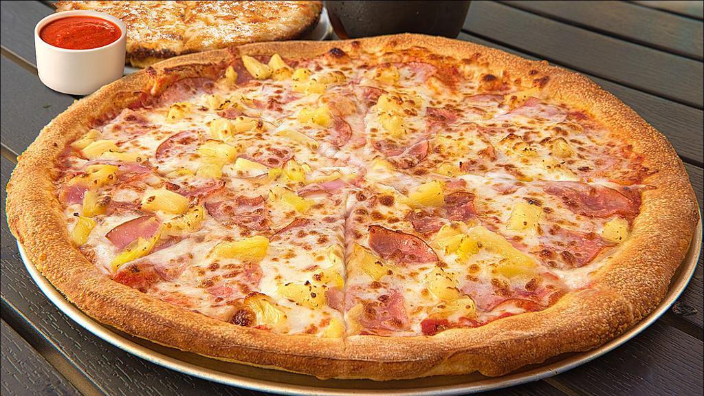 Hawaiana · Patrón’s taste of the tropics. This Pizza is loaded with a 100% real mozzarella four-cheese blend, it is covered with delicious savory ham, and sweet juicy pineapple on our daily made fresh dough!