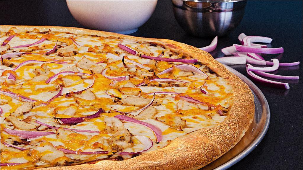 Bbq Chicken · The Patrón is taking y'all to the grill with our BBQ Chicken Pizza! Loaded with grilled all-white chicken, red onions, and cheddar and mozzarella, all on our sweet and smoky BBQ sauce. Try what the Patrón is cooking up today!