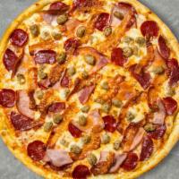 All Meat Pizza · Sausage, pepperoni, hamburger, canadian bacon and mozzarella on a hand tossed dough.