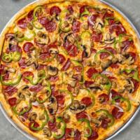 Supreme Pizza  · Pepperoni, hamburger, canadian bacon, sausage, mushrooms, onions, green peppers and black ol...