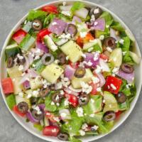 Greek Salad · Onions, olives, tomatoes, feta cheese, with greek dressing.