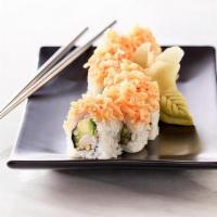 Crunchy California Roll · Krab, cucumber, avocado, and nori wrapped in sushi rice. Topped with spicy krab mix, spicy m...