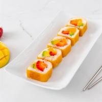 Mango With Peach Roll · Avocado, strawberry, peach and sushi rice wrapped in a mango fruit wrap.