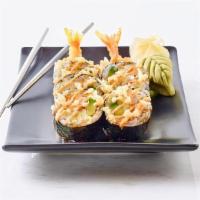 Tempura Shrimp Roll · Shrimp tempura, avocado, cucumber and sushi rice wrapped in nori. Topped with spicy mayo, Ja...