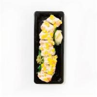 Mango Tango · Kani stick, cucumber, avocado, mango sticks and nori wrapped in sushi rice. Topped with ebi,...