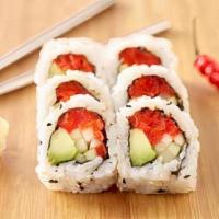Spicy Pepper Roll · Roasted red pepper, cucumber slice, avocado and nori wrapped in sushi rice. Topped with spic...