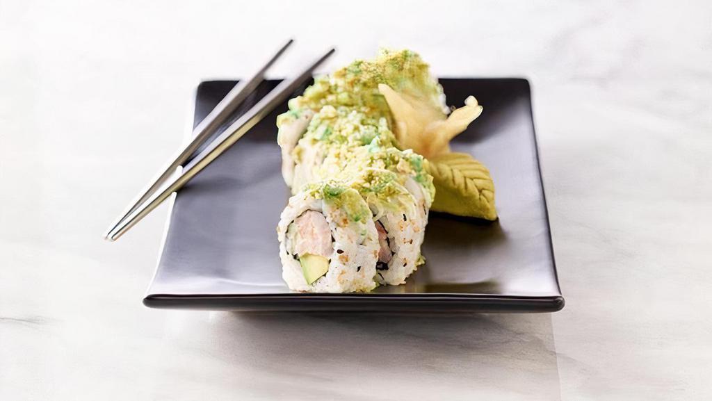 Wasabi Crunch · Wasabi shrimp mix, avocado, cucumber and nori wrapped in sushi rice. Topped with wasabi mayo and crunched wasabi peas.