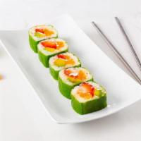 Apple With Orange Roll · Avocado, strawberry, mandarin orange and sushi rice wrapped in a green apple fruit wrap.