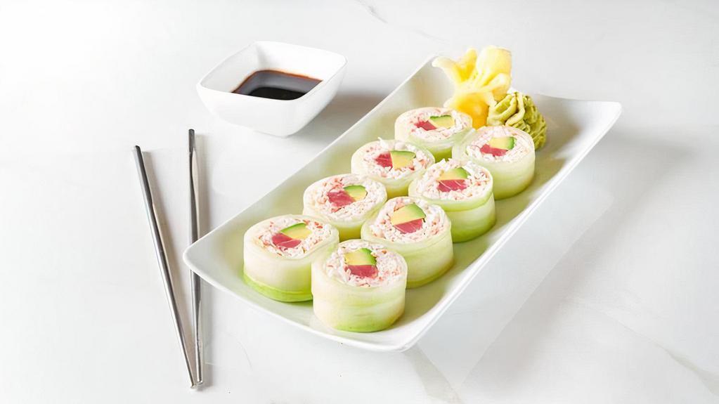 Tuna & Krab Salad Cucumber Wrap · Seaweed salad, avocado, carrot, and sushi rice wrapped in cucumber.