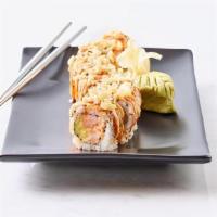 Crunchy Shrimp Roll · Spicy shrimp salad, cucumber and nori wrapped in sushi rice. Topped with spicy mayo, Japanes...