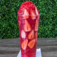 Chamafresa · Raspado made with natural strawberry flavor, strawberry slices, sweet chile powder, salty ch...