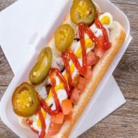 Hotdog · Mexican Hotdog; Bacon wrapped sausage topped with tomatoes, onions, mayo, mustard, ketchup, ...