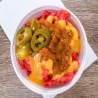 Cheeto Pie  · Hot Cheeto bag topped with chilli, cheese and jalapenos.