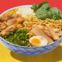 Spicy Miso Chicken Ramen · Spicy miso broth with noodles and chicken, half seasoned egg, bamboo shoot, corn, onion, sea...
