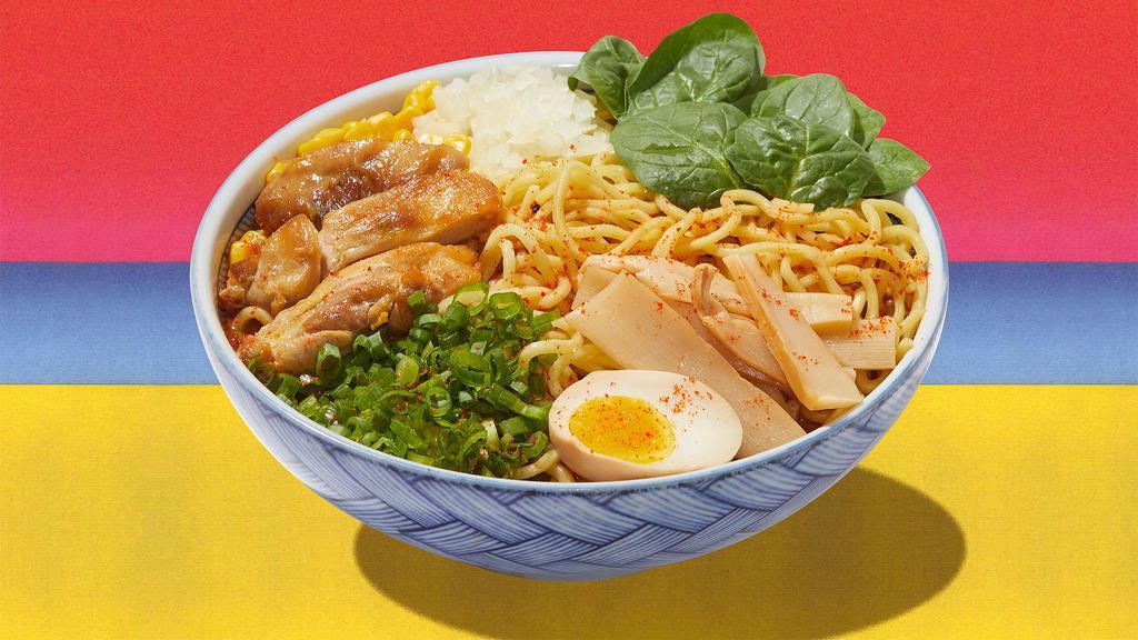 Spicy Miso Chicken Ramen · Spicy miso broth with noodles and chicken.