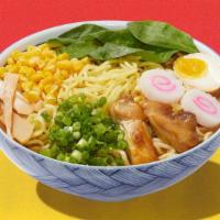 Miso Chicken Ramen · Miso broth with noodles and chicken, half seasoned egg, bamboo shoot, corn, onion, seaweed, ...
