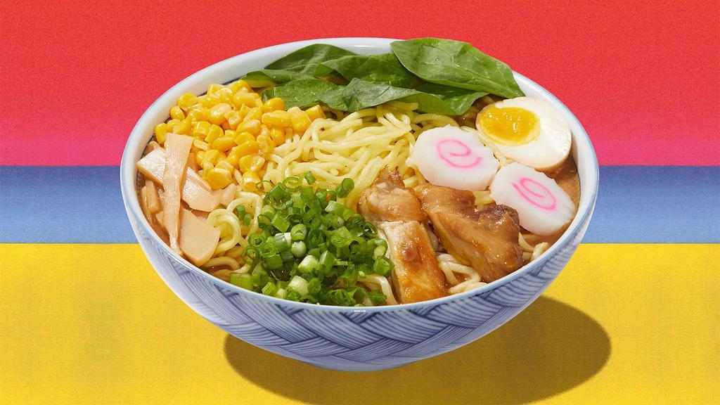 Miso Chicken Ramen · Miso broth with noodles and chicken, half seasoned egg, bamboo shoot, corn, onion, seaweed, and green onion