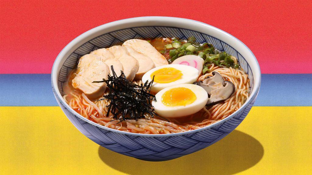 Spicy Shoyu Chicken Ramen · Spicy soy broth with noodles and chicken, half seasoned egg, bamboo shoot, corn, onion, seaweed, and green onion