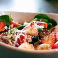 Garden Spinach Salad · Strawberries, Cherry Tomatoes, Red Onions, Gorgonzola, Candied Pecans 
with a Honey-Dijon Vi...