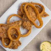 Chicken Fried Bacon · battered and fried pecan smoked bacon strips with onion rings served with honey mustard and ...