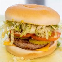Cheese Burger · Sandwich. Cheese, mustard, lettuce, tomato, pickles and onions.