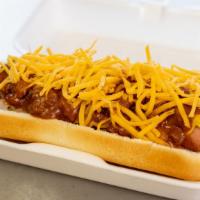 Chili Cheese Dog · Sandwich. Mustard, onions, chili, cheese.