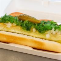 Chicago Dog · Sandwich. Mustard, relish onion, sport pepper, tomato.