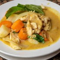 Chicken Yellow Curry – Gà Cà Ri Vàng Thái · Yellow curry paste, coco milk, potatoes and carrot; served with steamed rice.